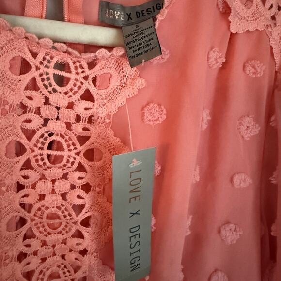 Love x Design Long Sleeve Mini Dress Swiss Dot Chiffon Lace Pink Size Small New - Picture 5 of 10